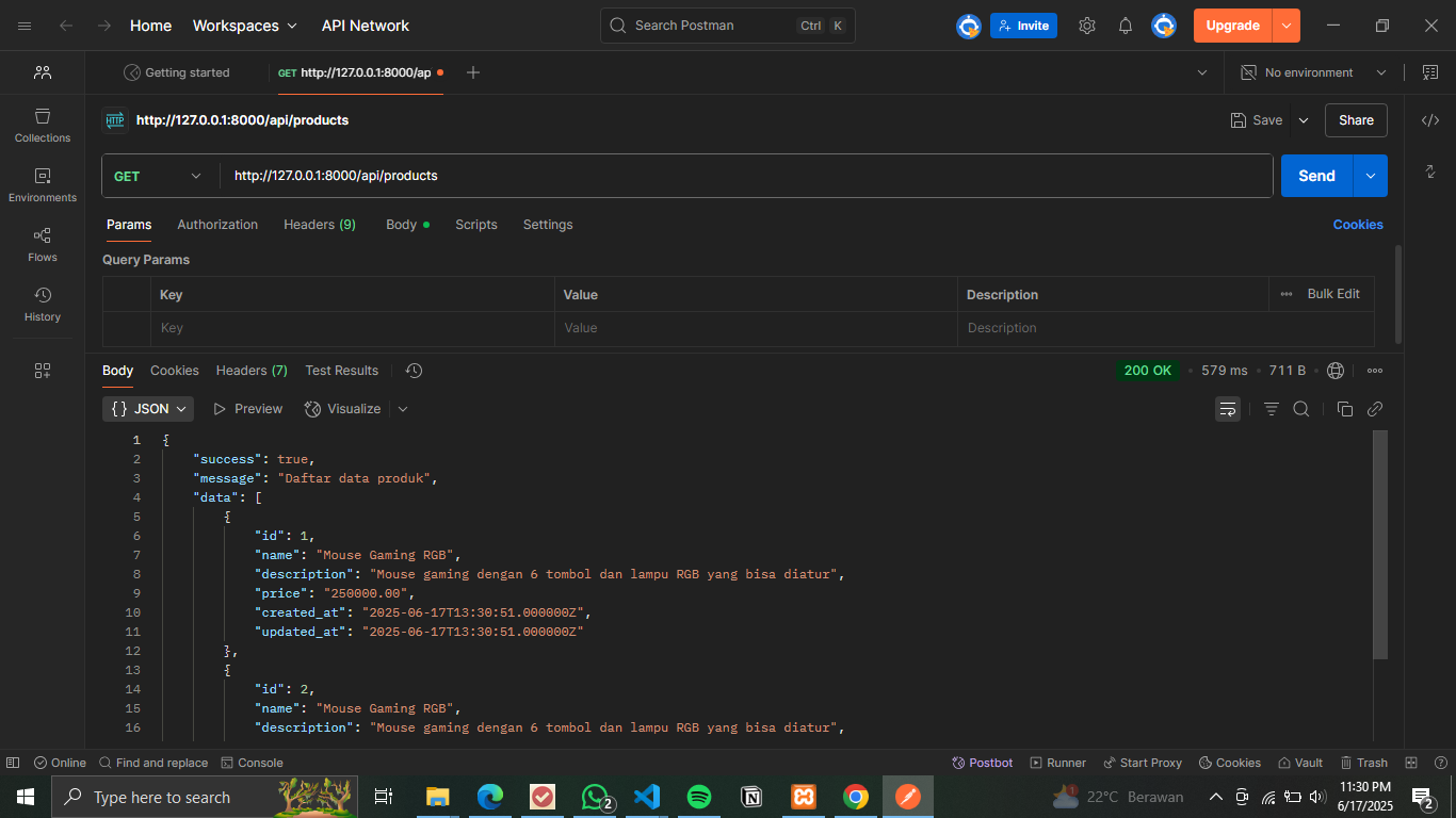 Screenshot Postman saat berhasil melakukan request GET semua produk