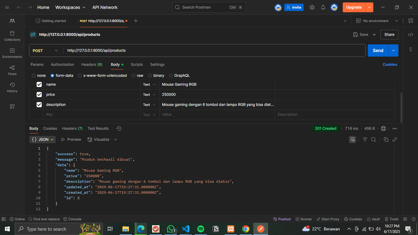 Screenshot Postman saat berhasil melakukan request POST